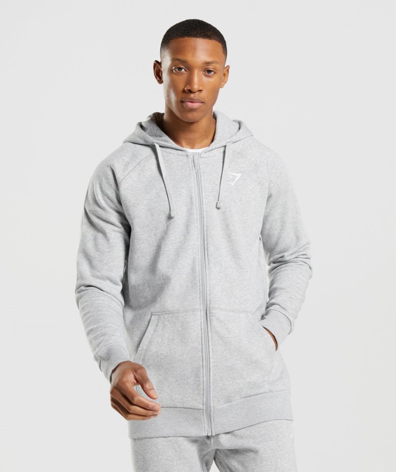 Men\'s Gymshark Crest Zip Up Hoodie Light Grey | CA 18N0D6